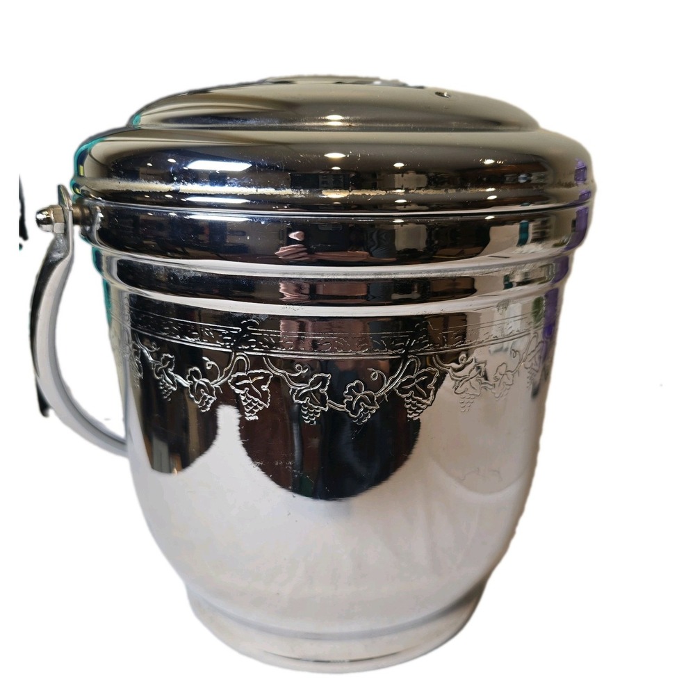 United Chromium Brass Ice Bucket Grape Vine Hinged Lid Handle Barware Vintage